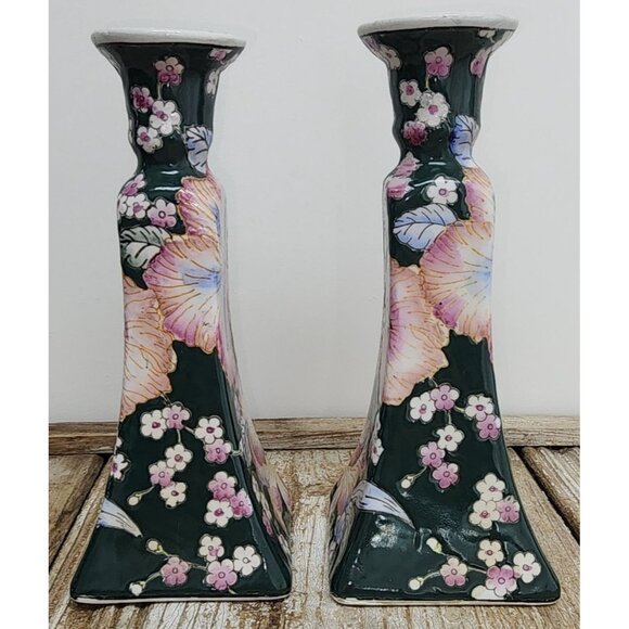 Vintage Chinoiserie Asian Candlestick Set of 2 Floral Green Pink 8 Inches Porcel - Picture 4 of 9